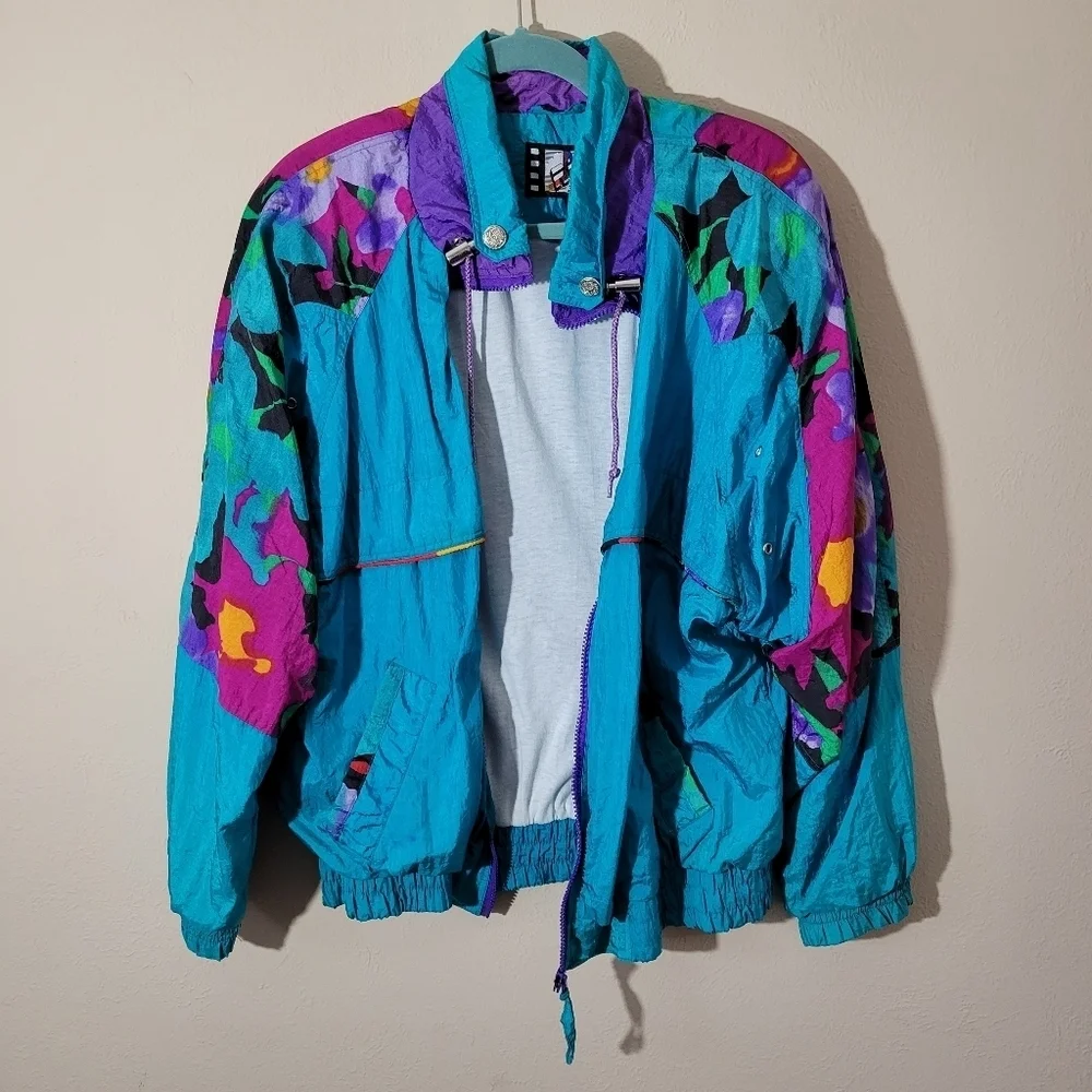 R.E. Sport Rivers Edge 80's Retro Windbreaker Bomber Jacket Multicolor Size L - Picture 1 of 9
